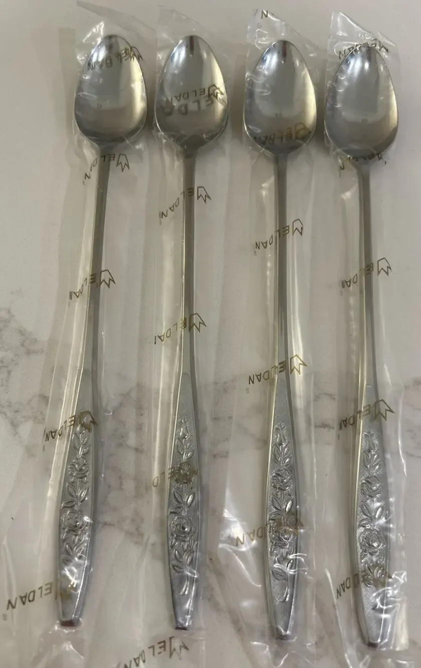 NEW Eldan ELD18 Set Of 4 Iced Teaspoons MAY ROSE Textured Roses Stainless MCM